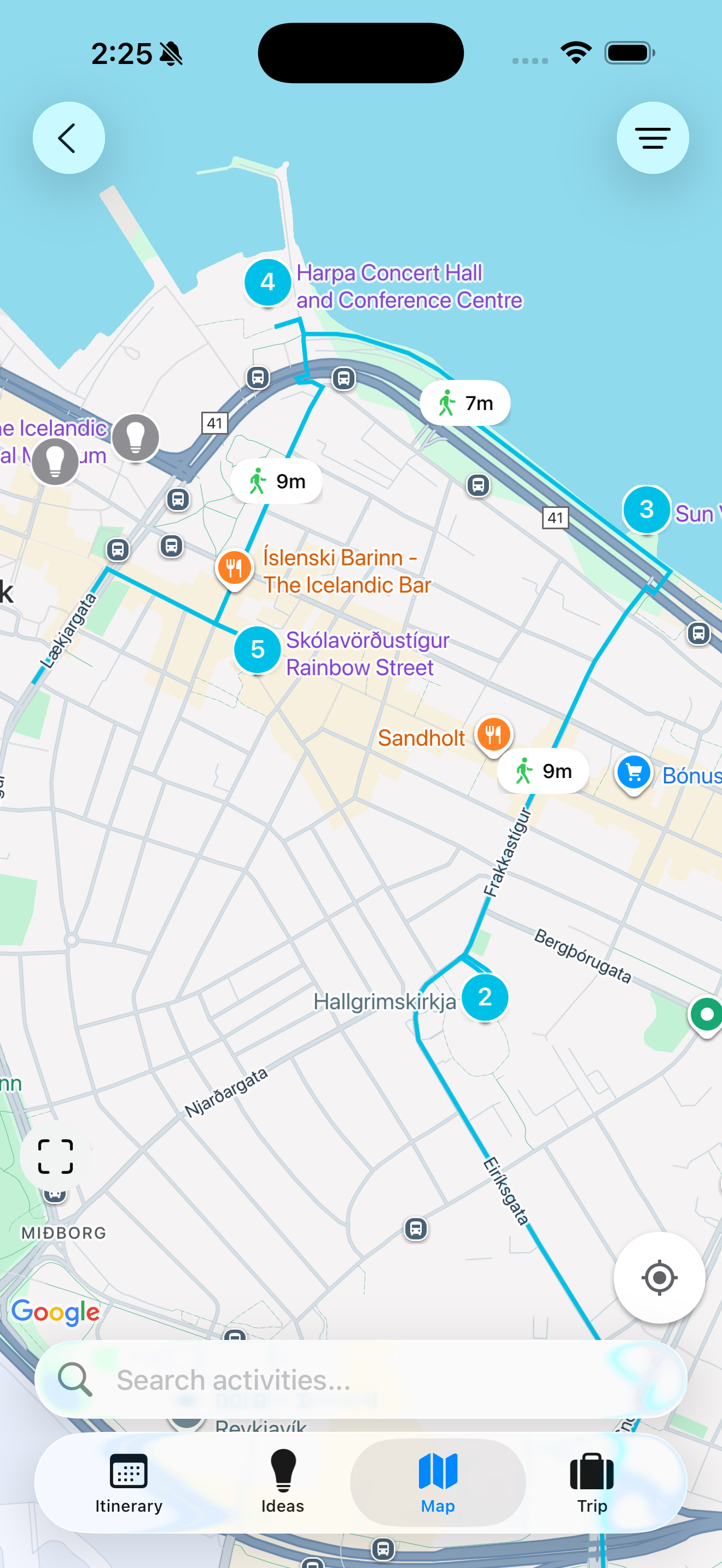 Map view showing trip locations